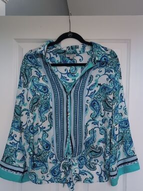 Paisley Tie-Hem Button Down Shirt - Blue/Teal